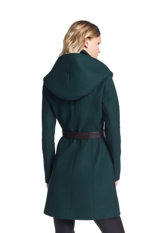 Hooded Wool Blend Coat with Leather Belt