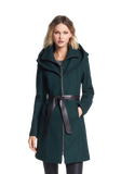 Hooded Wool Blend Coat with Leather Belt